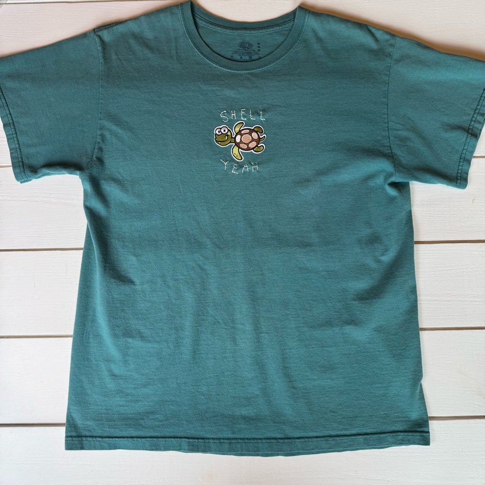 Teal Patch Embroidered T-Shirt with Turtle Design